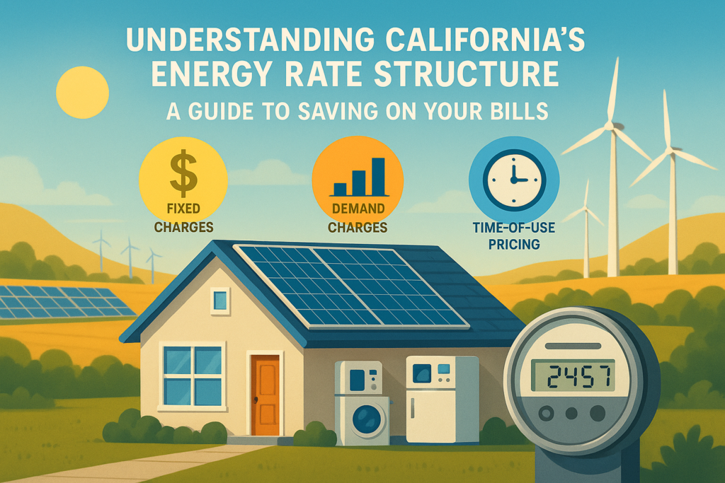 An illustration of California's energy rate structure with solar panels and energy-efficient appliances.