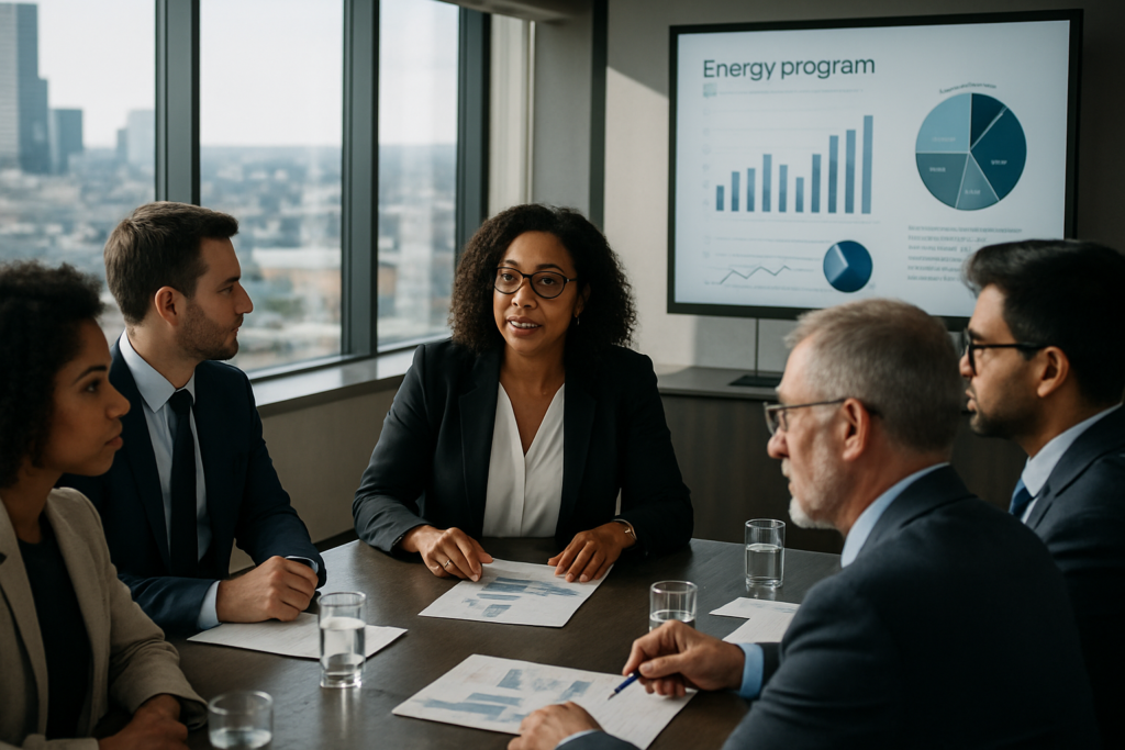 Group of diverse professionals discussing energy programs in a bright conference room.