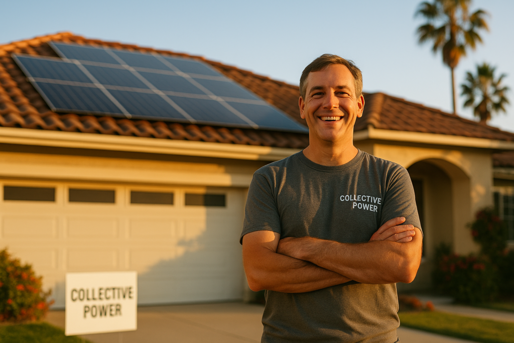 Homeowner with solar panels in Monterey County. Image by Collective Power.