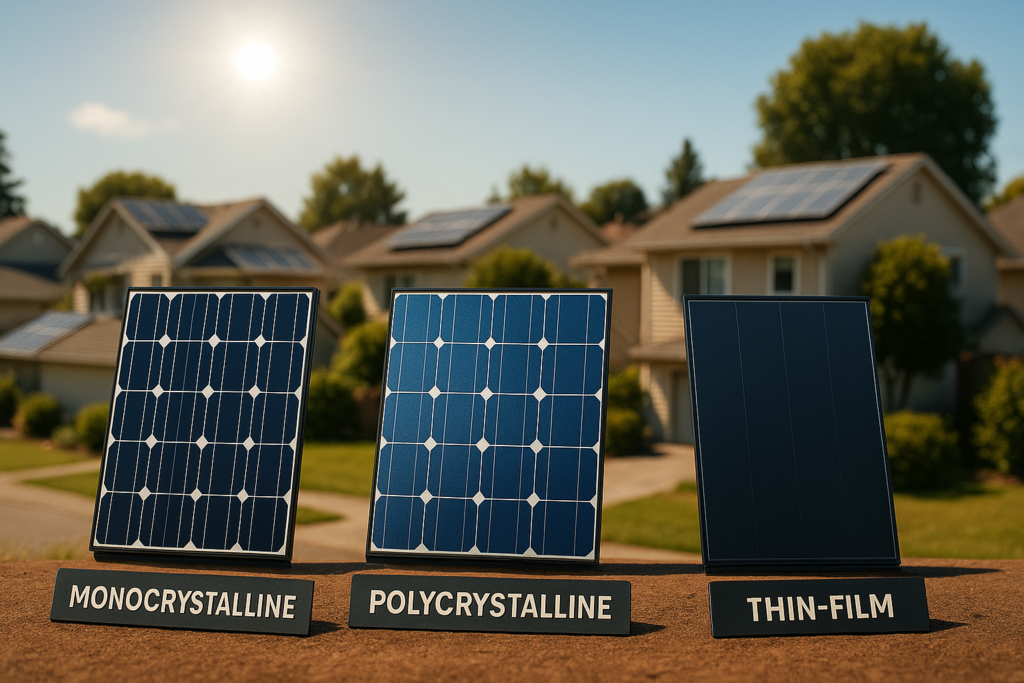 Illustration of monocrystalline, polycrystalline, and thin-film solar panels in a residential setting.