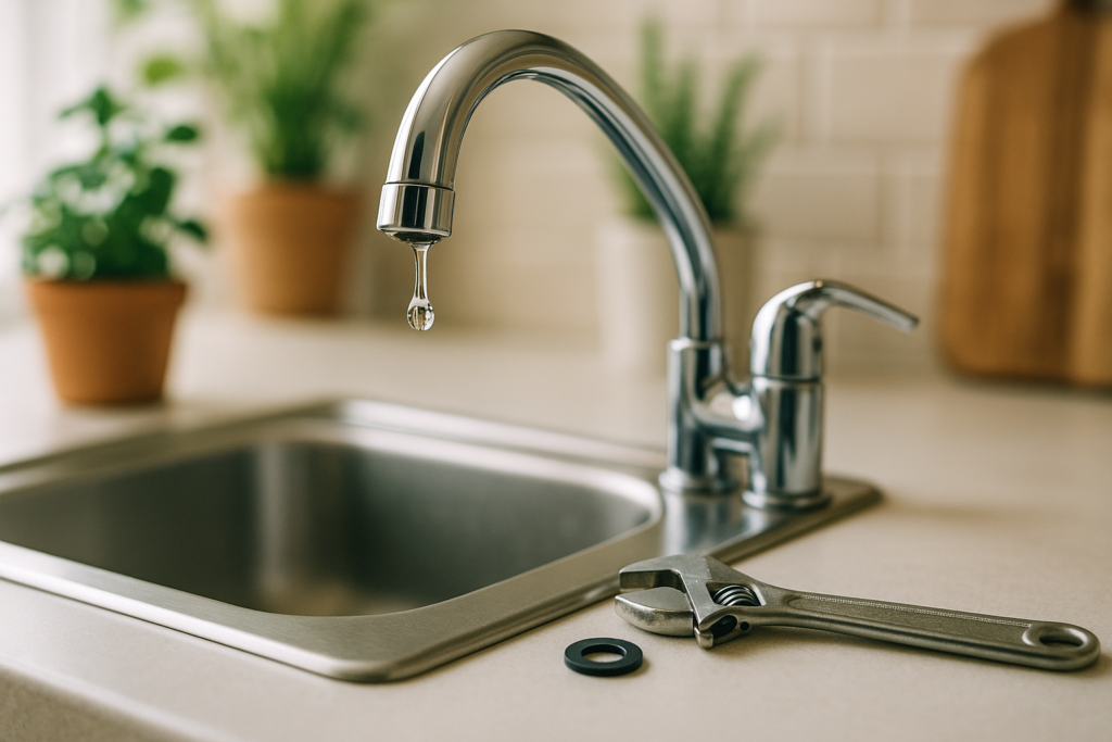 A leaking kitchen tap with tools for DIY repair.