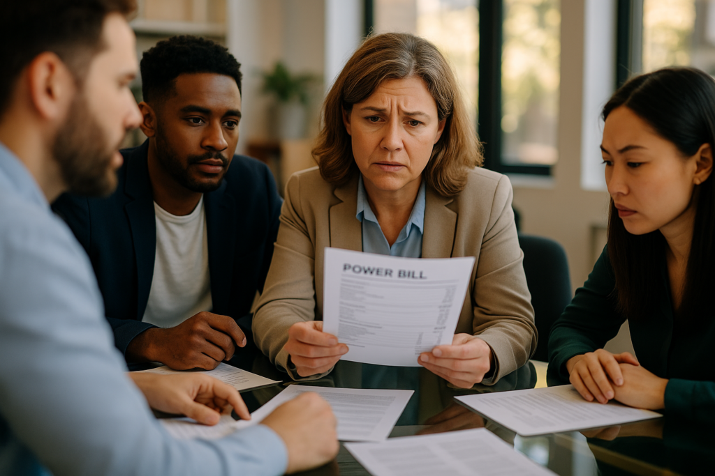 A group discusses high power bills in a modern office, highlighting concerns about energy costs.